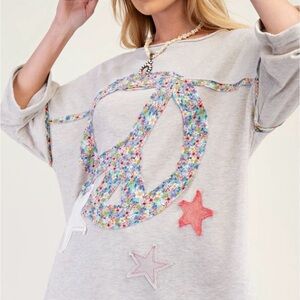 Easel Floral Peace Sign Lightweight Patchwork Oversized Sweatshirt